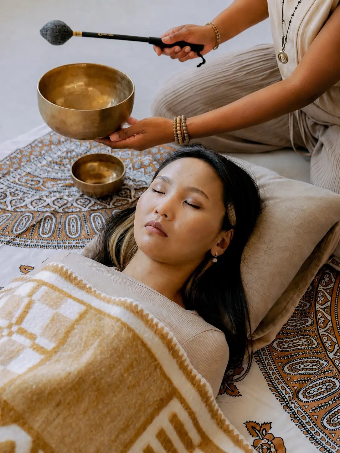 A client resting under a cream and gold blanket while a practitioner holds a brass singing bowl above her