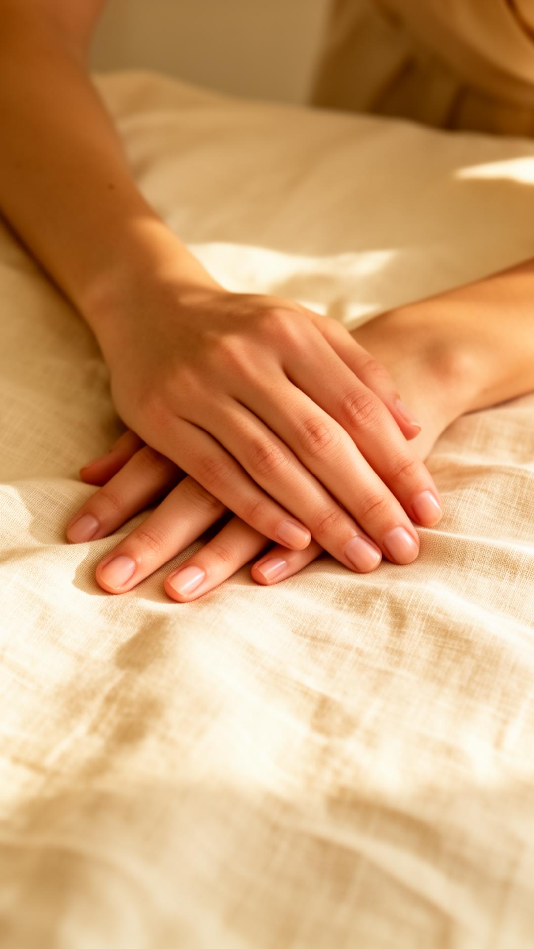 Hands resting peacefully on cream linen