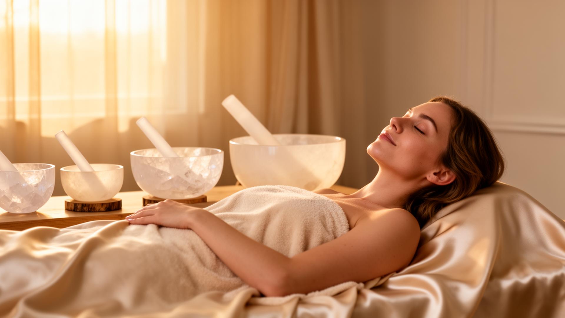 A peaceful sound healing session in a luxury private suite